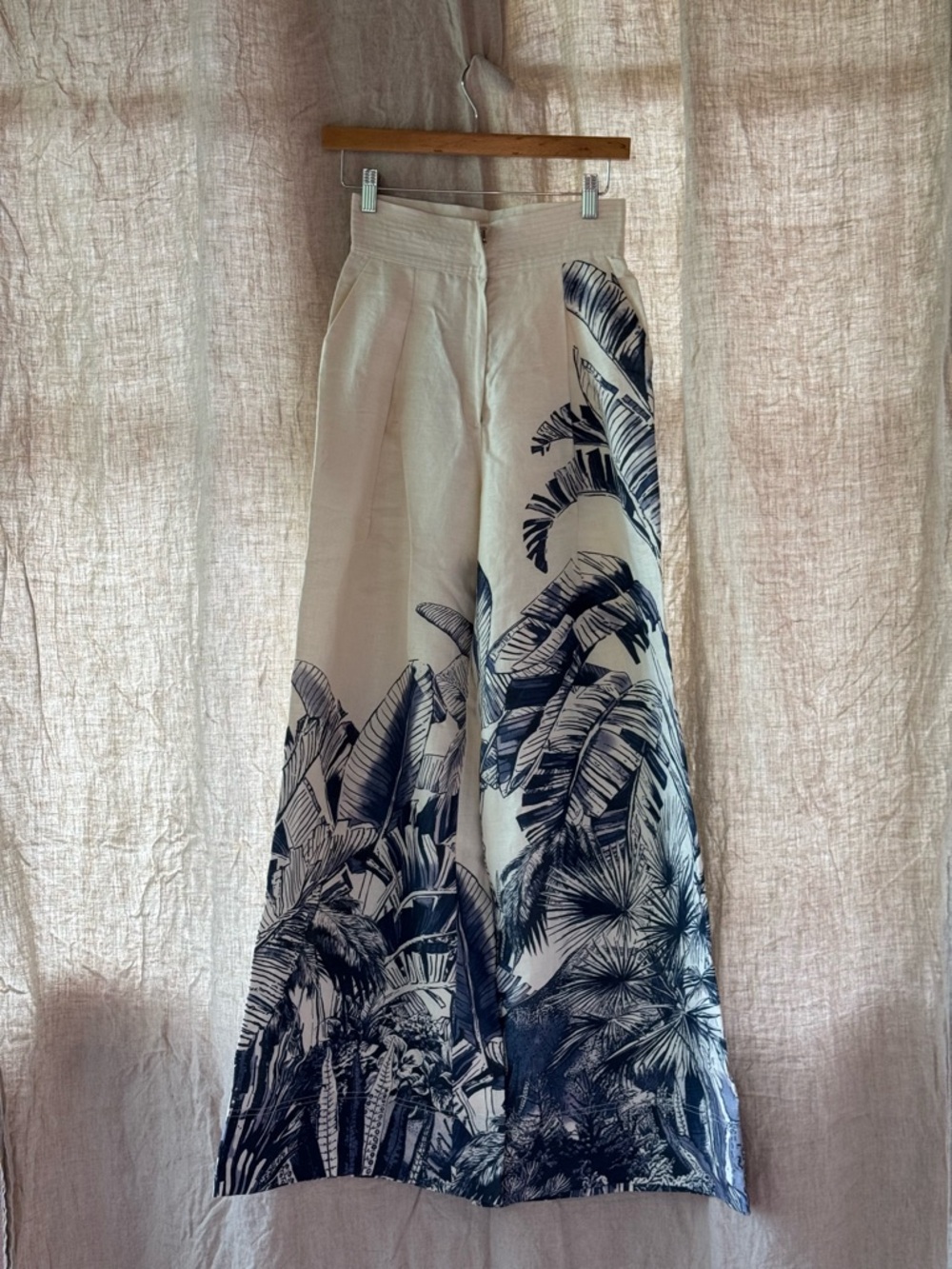 Andres Otalora Wide Leg Tropical Print 100% Linen Puerto Pant - Cream & Navy